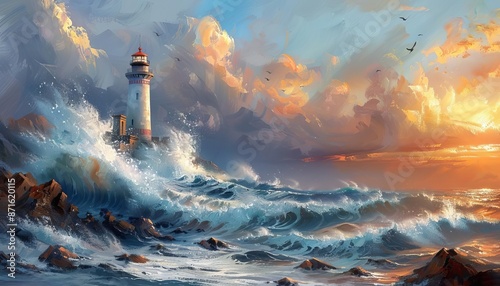 Lighthouse on a rocky shore with waves crashing, Historic, Cool tones, Oil painting