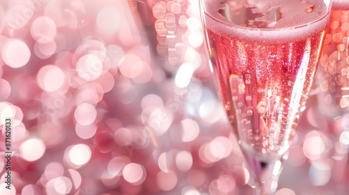 pink champagne glass closeup, bokeh lights background