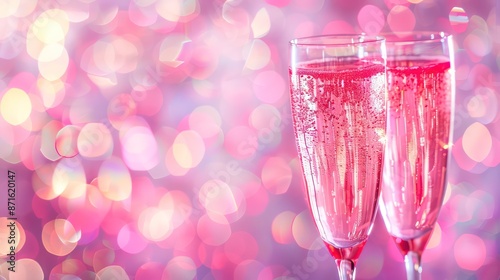 pink champagne glass closeup, bokeh lights background