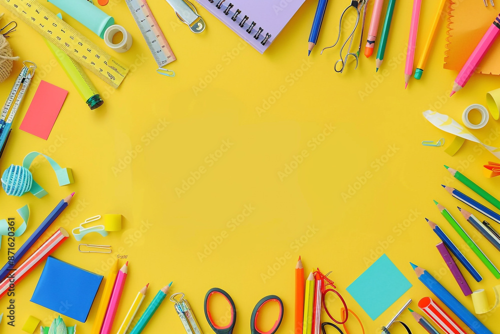 school accessories with yellow back ground