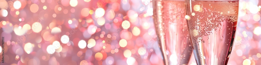 Fototapeta premium pink champagne glass closeup, bokeh lights background
