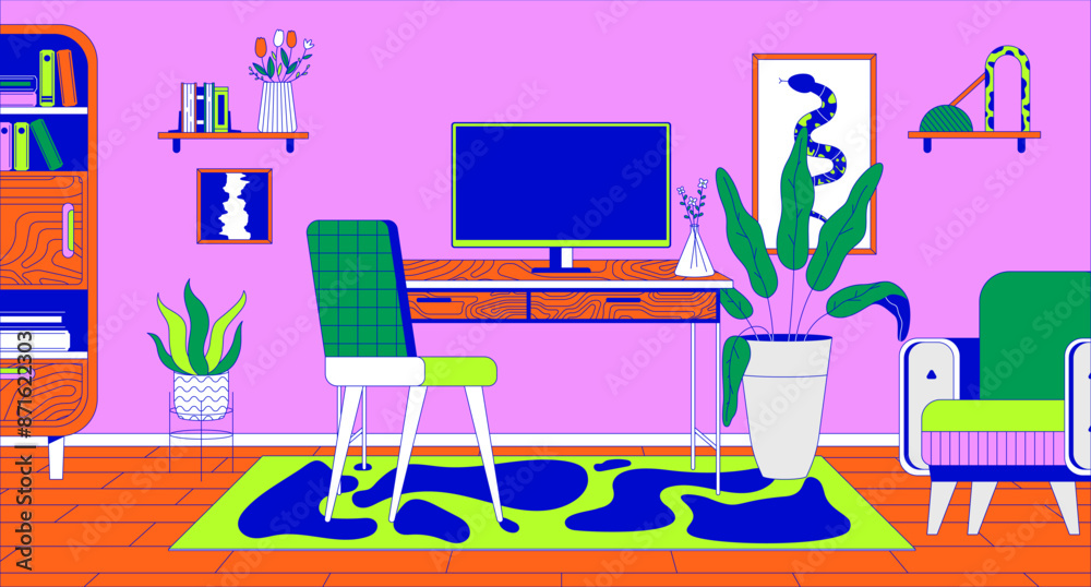 Freelancer workplace with computer in home office cartoon flat illustration. Modern pc on desk in empty room 2D line interior colorful background. Remote job scene vector storytelling image Freelancer workplace with computer in home office cartoon flat illustration. Modern pc on desk in empty room 2D line interior colorful background. Remote job scene vector storytelling image