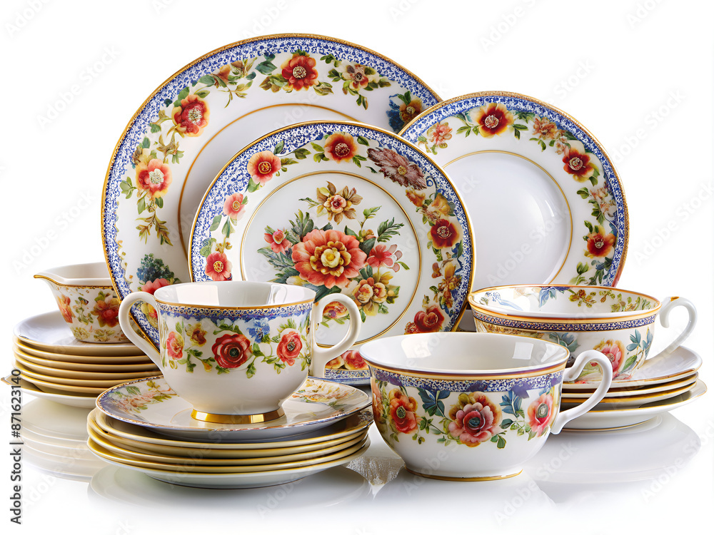 Fototapeta premium set of vintage tableware with flower and porcelain plates isolated on white background.