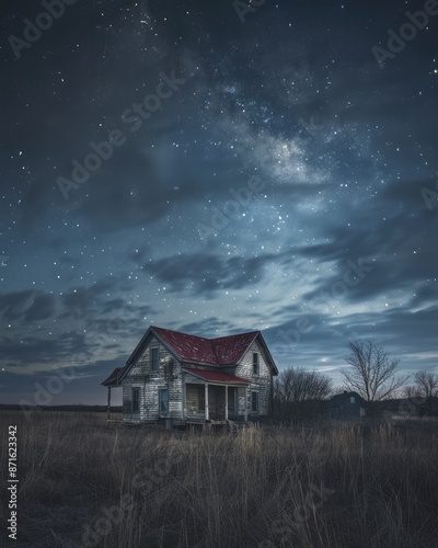 Night Sky Over a House in a Field with Clouds and Stars