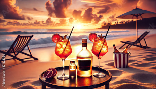 Two Spritz cocktails set on a beach during a sunset