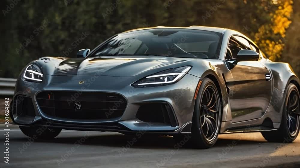 Sports car is moving along the road at speed Sports car is moving along the road at speed