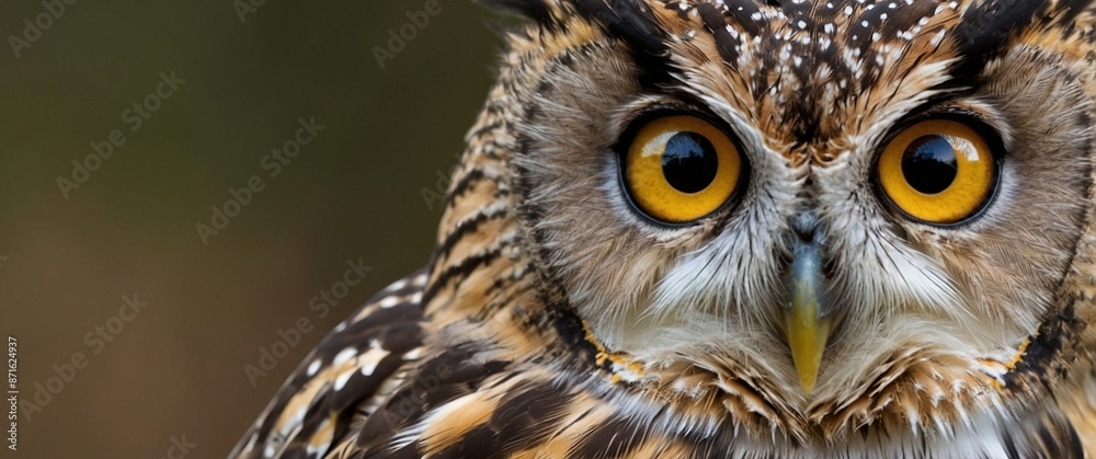 Obraz premium Beautiful advertisement close-up studio portrait of a great horned owl. Stunning wildlife bird of prey photography header. Bubo virginianus.