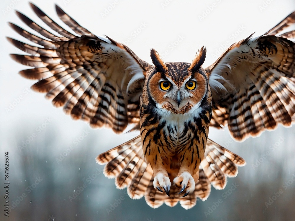 Beautiful photo of a great horned owl flying with wings open wide. Stunning wildlife hunting bird of prey photography illustration. Bubo virginianus. Beautiful photo of a great horned owl flying with wings open wide. Stunning wildlife hunting bird of prey photography illustration. Bubo virginianus.