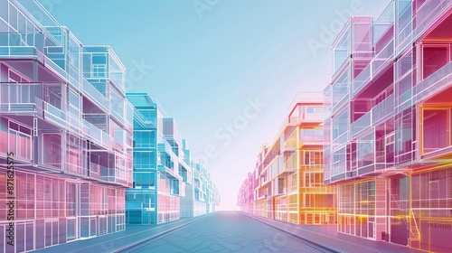 Wireframe residential blocks front view displaying housing structure cybernetic tone colored pastel © Samon