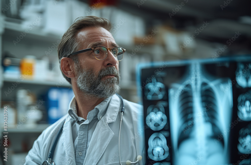A male doctor wearing glasses and a stethoscope examines an x-ray of the lungs. A male doctor wearing glasses and a stethoscope examines an x-ray of the lungs.