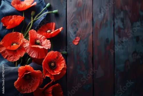 Australian national holidays: anzac day tribute with flag and poppy flowers. Understanding poppy symbolism and remembrance day customs for anzac day commemoration