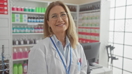 Smiling mature woman pharmacist wearing glasses and lab coat standing in a modern pharmacy interior filled with medications. photo