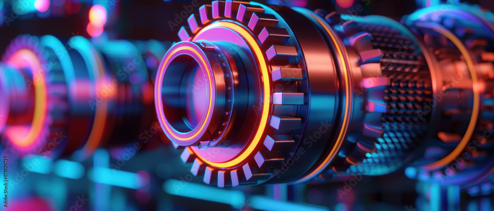 A series of gears are shown in a neon color scheme A series of gears are shown in a neon color scheme