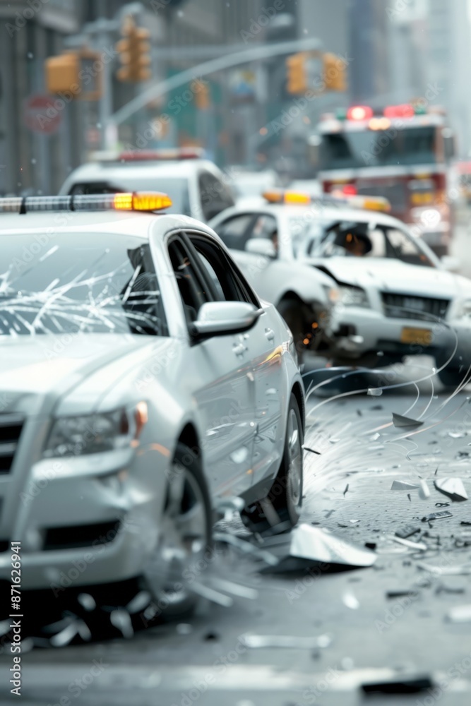Dramatic Car Collision on Busy City Street with Emergency Responders on the Scene Dramatic Car Collision on Busy City Street with Emergency Responders on the Scene