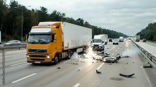 Severe Rear End Collision Between Trucks on Busy Highway Causing Traffic Chaos and Debris Scattered on the Road