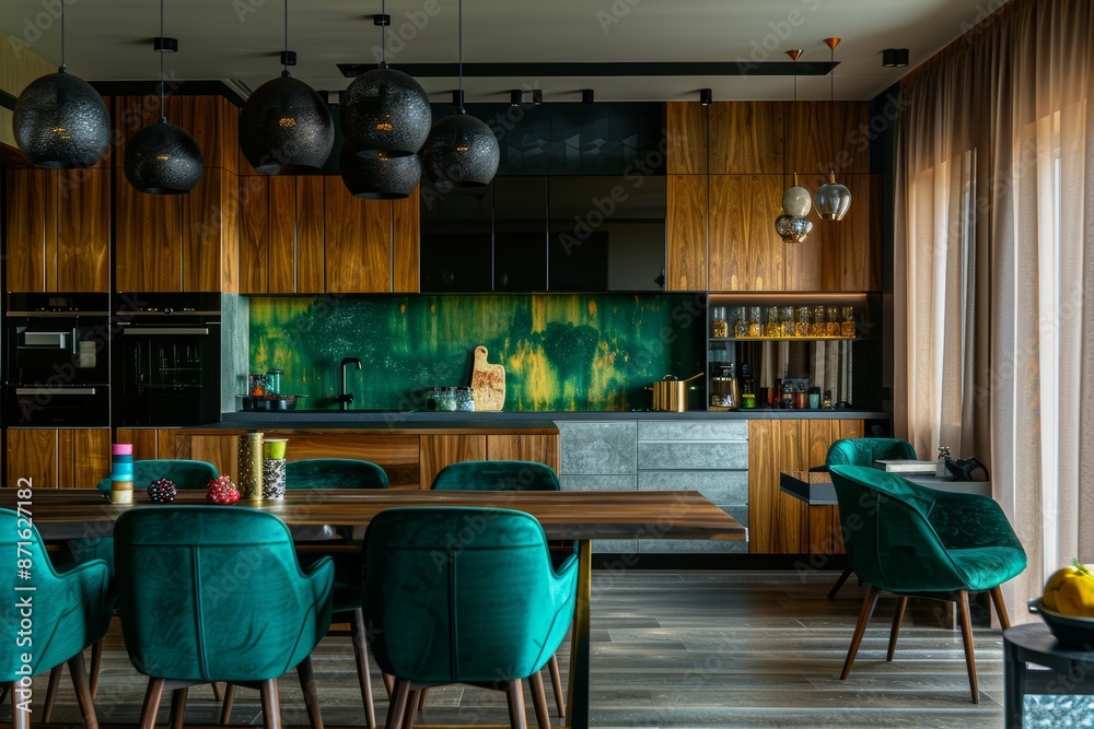 Interior of modern kitchen with black and green walls, wooden floor, dark wooden countertops, bar with stools and wooden cupboards.