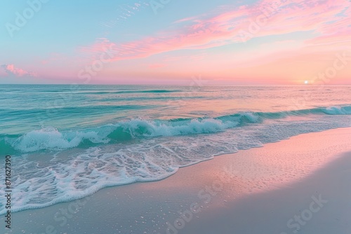 Fototapeta Naklejka Na Ścianę i Meble -  The ocean is calm and the sky is pink and purple