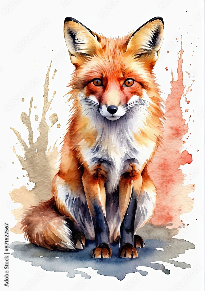 The painting depicts a fox in vibrant watercolors, with its fur rendered in warm hues. The fox's expressive eyes gaze from the canvas, encircled by whimsical bursts of color. Generated by AI.
