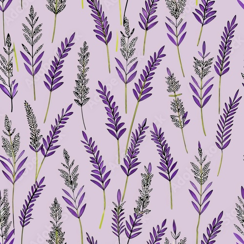 seamless pattern of delicate lavender sprigs, Generative AI