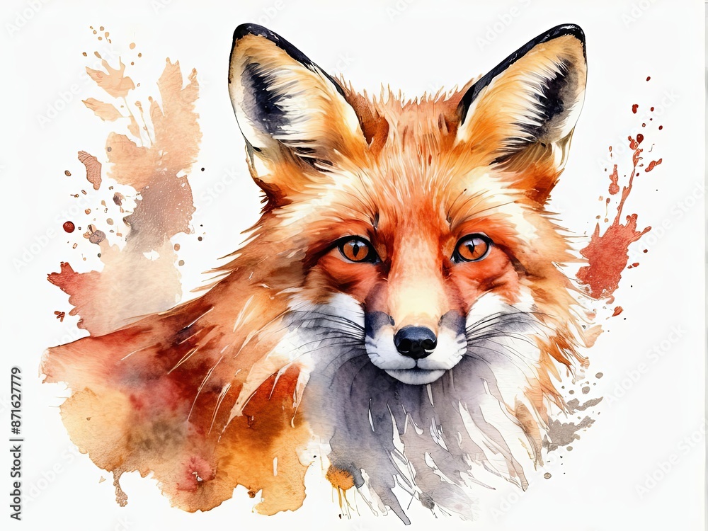Obraz premium The painting depicts a fox in vibrant watercolors, with its fur rendered in warm hues. The fox's expressive eyes gaze from the canvas, encircled by whimsical bursts of color. Generated by AI. 
