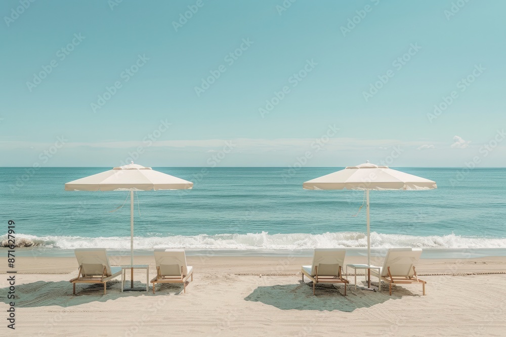 Two beach umbrellas are set up on the beach Two beach umbrellas are set up on the beach