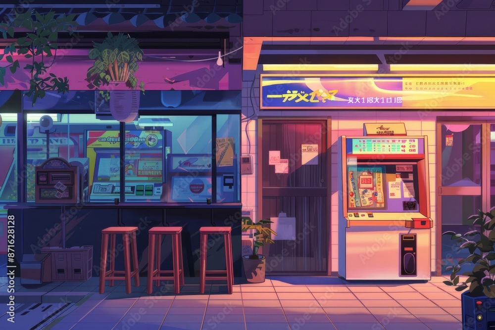 Fototapeta premium a retro arcade courtyard with arcade cabinets and soothing lofi music for a laid-back gathering spot. Cozy vibe, Generative AI