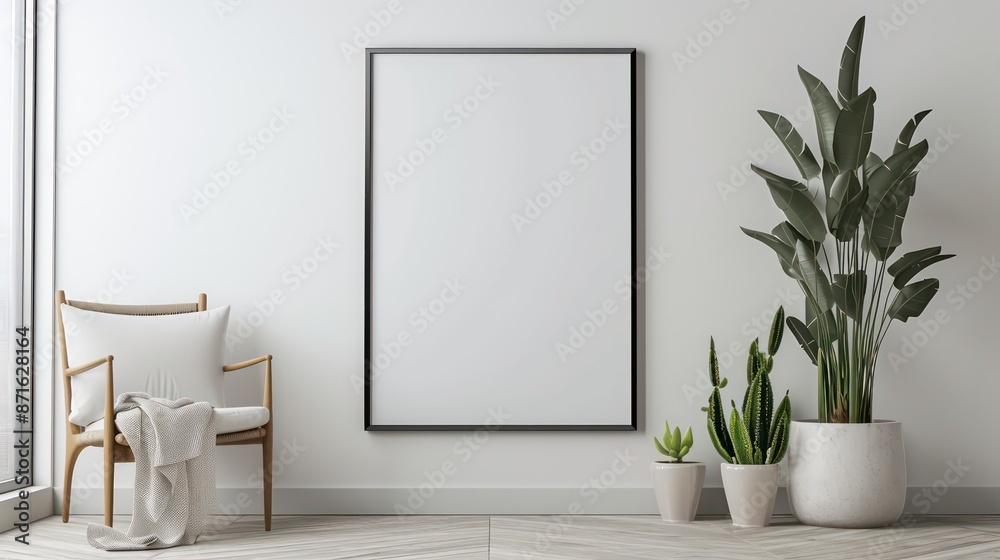 Blank picture frame mockup in minimalistic modern interior. Vertical template mock up for artwork, painting, photo or poster in interior design Blank picture frame mockup in minimalistic modern interior. Vertical template mock up for artwork, painting, photo or poster in interior design