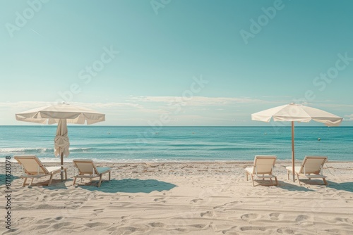 Fototapeta Naklejka Na Ścianę i Meble -  A beach with four white umbrellas and four white chairs