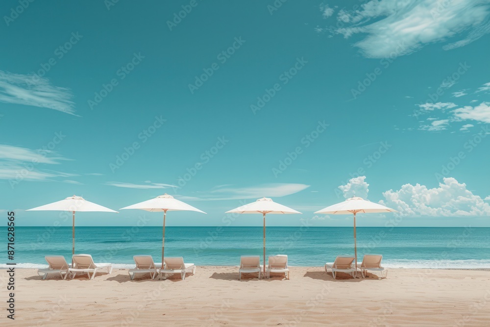 Fototapeta premium A beach scene with four white umbrellas and four white beach chairs