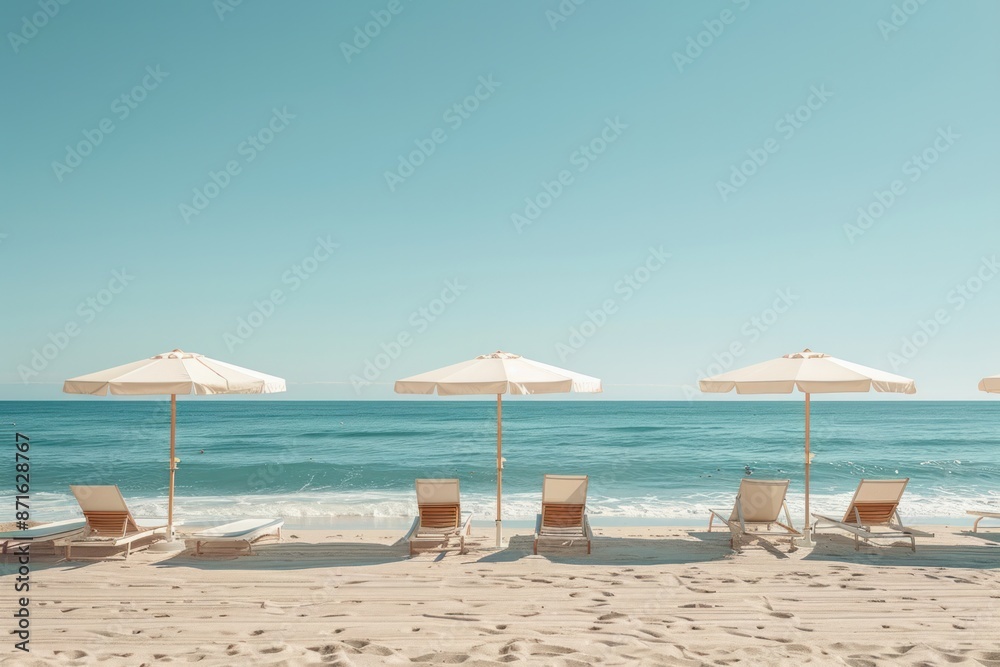 A beach scene with three umbrellas and four beach chairs A beach scene with three umbrellas and four beach chairs