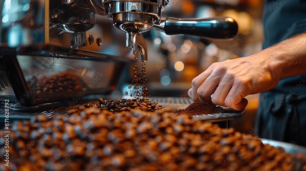 Barista's hand weighing coffee grounds on a scale, close-up capturing the detailed process and the digital readout. Background features a blurred cafe setting, Barista's hand weighing coffee grounds on a scale, close-up capturing the detailed process and the digital readout. Background features a blurred cafe setting,