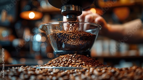 Barista's hand weighing coffee grounds on a scale, close-up capturing the detailed process and the digital readout. Background features a blurred cafe setting, © TranNgoc