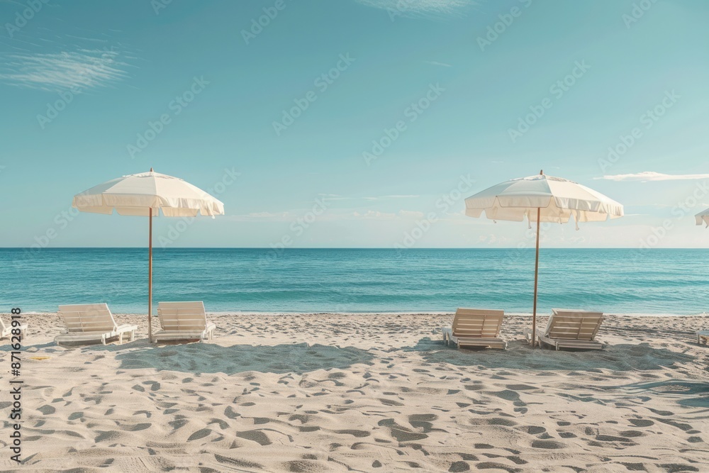 Two beach umbrellas are set up on a sandy beach, with chairs underneath them Two beach umbrellas are set up on a sandy beach, with chairs underneath them