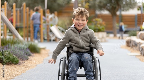 A young boy in a wheelchair is smiling as he rides down a path photo