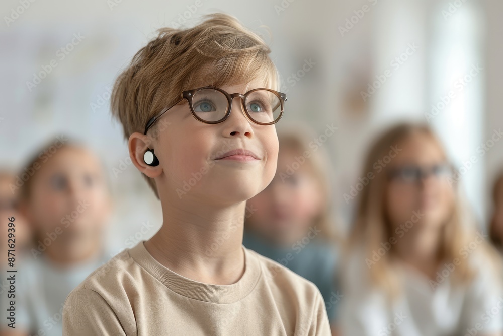 A boy with glasses and earbuds is smiling at the camera A boy with glasses and earbuds is smiling at the camera