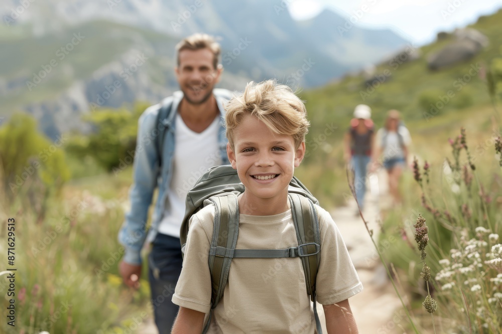 A young boy is smiling and wearing a backpack while walking with his family A young boy is smiling and wearing a backpack while walking with his family