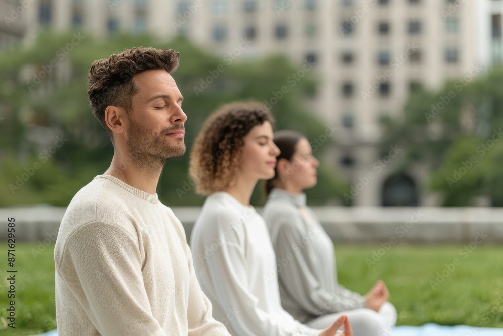 Three people are sitting in a park, meditating Three people are sitting in a park, meditating