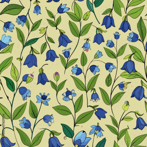 seamless pattern of little bluebells and leaves, Generative AI