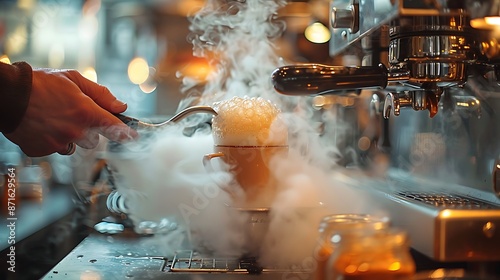 Barista’s hand expertly frothing milk with a steam wand, close-up showing the steam and froth. Background features a blurred cafe environment with soft, warm lighting. Created using: DSLR, macro lens,