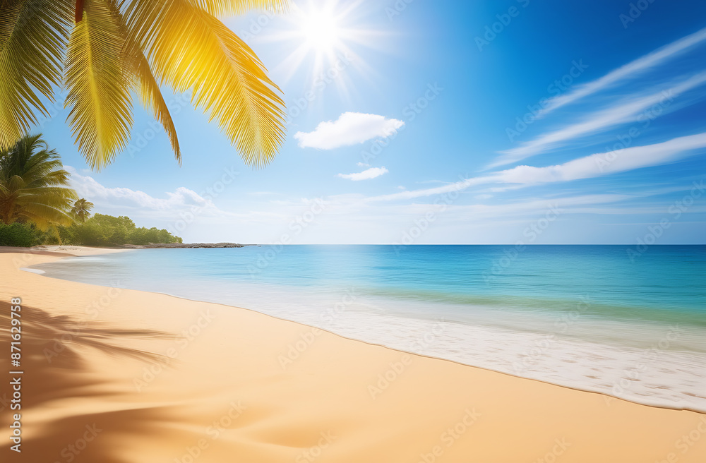 Fototapeta premium Summer background with frame, nature of tropical golden beach with rays of sun light and leaf palm. Golden sand beach close-up, sea, blue sky, white clouds. Copy space, summer vacation concept