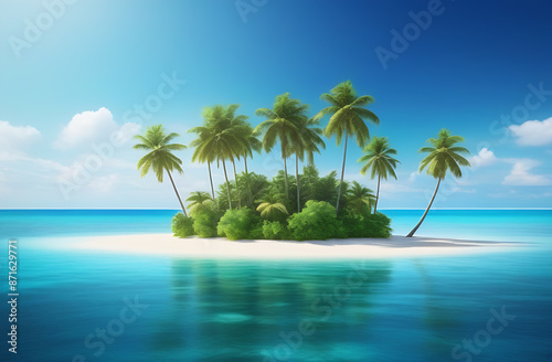 minimalistic tropical island with palm trees on water, large empty spac for text, ideal for travel, tourism, and beach vacation promotions, copyspace © Svetlana