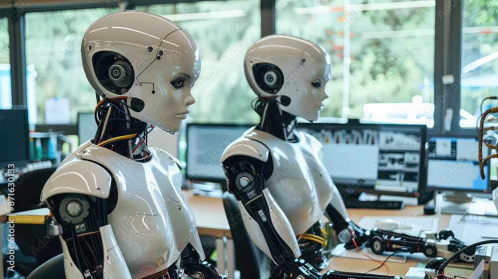 Two humanoid robots working at desks in an office generated with AI Two humanoid robots working at desks in an office generated with AI