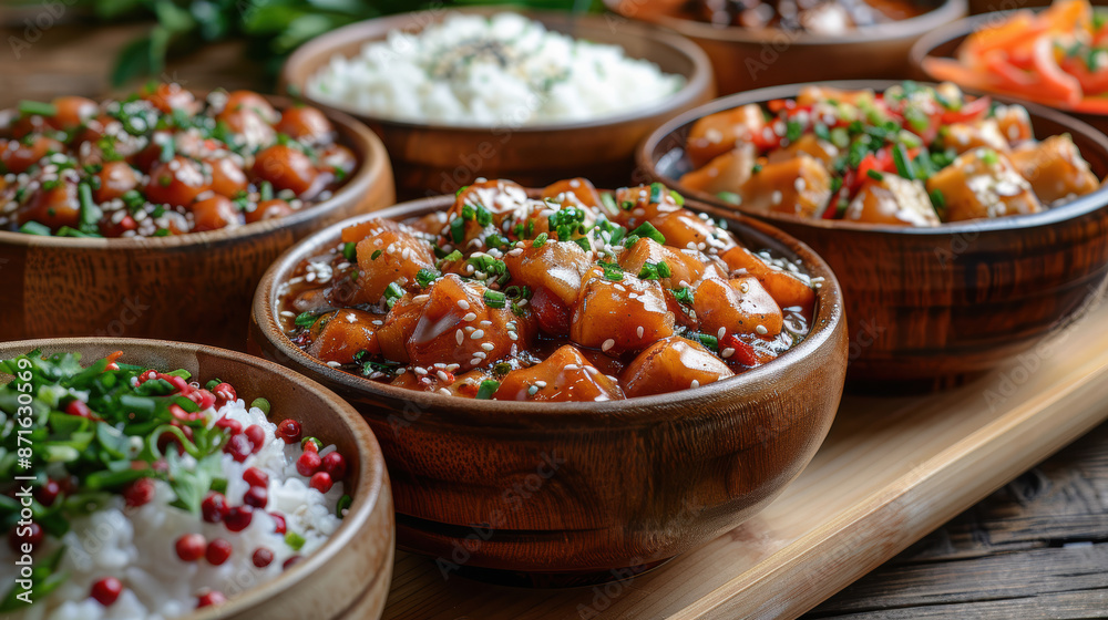 A wooden table is filled with bowls of delicious Asian food. There is white rice, brown rice, and jasmine rice. A wooden table is filled with bowls of delicious Asian food. There is white rice, brown rice, and jasmine rice.