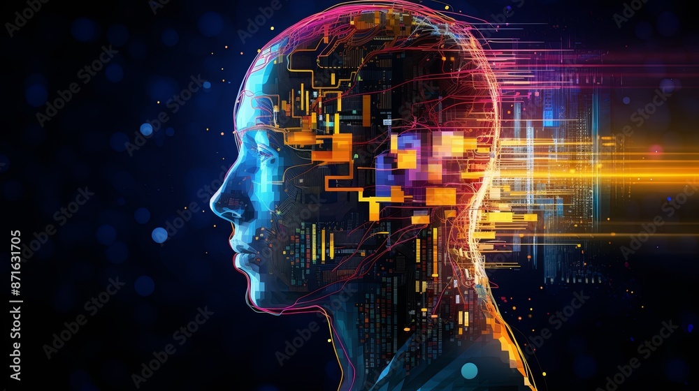 Abstract artwork of human head silhouette with circuit board design Abstract artwork of human head silhouette with circuit board design