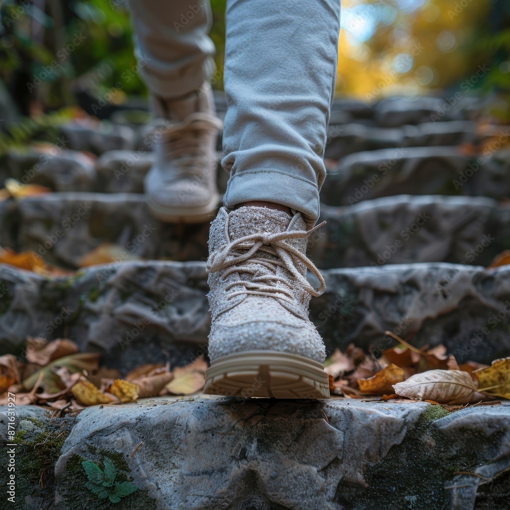 A person in beige pants and light brown shoes is walking up a rocky path. The path is covered in fallen leaves. A person in beige pants and light brown shoes is walking up a rocky path. The path is covered in fallen leaves.