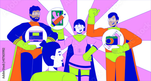 Multiracial superheroes team helping caucasian man to find hobby 2D linear illustration concept. Supportive friends group cartoon scene background. Lifestyle metaphor abstract flat vector graphic