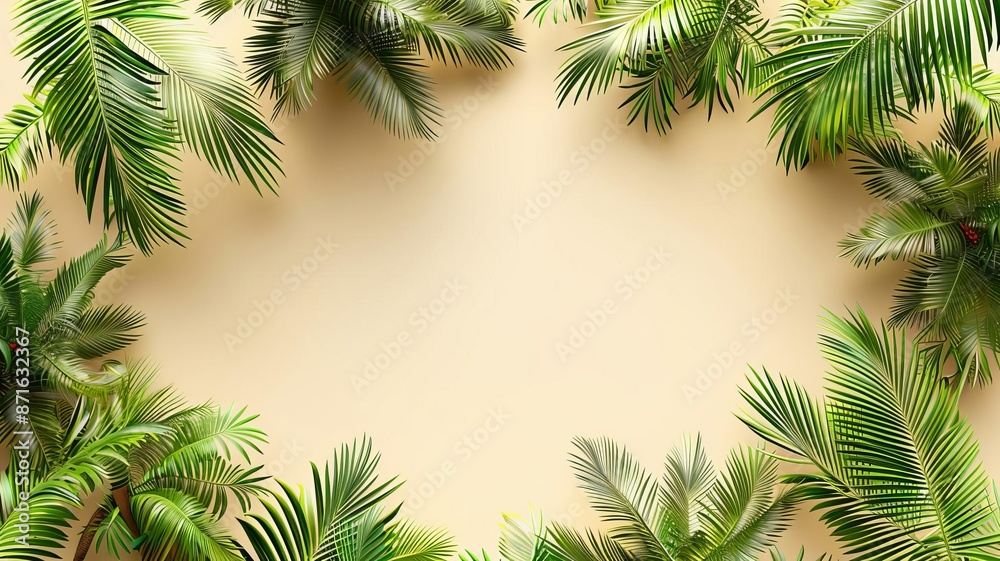 Tropical palm leaves frame a blank beige background, creating a vibrant summery border. Tropical palm leaves frame a blank beige background, creating a vibrant summery border.