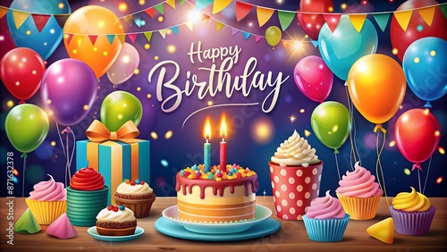 abstract happy birthday Background With Balloons, cake with candle background Generative Ai
