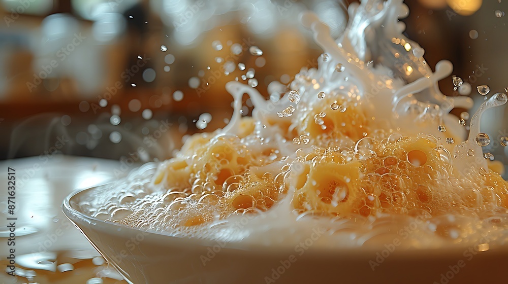 Close-up of steam and milk froth swirling, capturing the detailed textures and movement. Background features a softly blurred cafe setting with warm ambient light. Created using: DSLR, macro lens, Close-up of steam and milk froth swirling, capturing the detailed textures and movement. Background features a softly blurred cafe setting with warm ambient light. Created using: DSLR, macro lens,