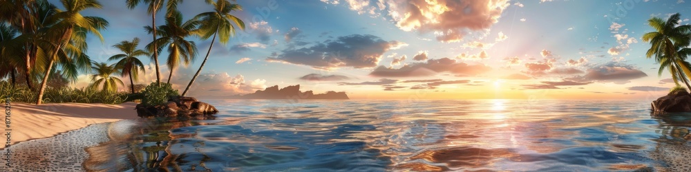 Fototapeta premium High-Resolution AI-Generated Wallpaper Depicting a Serene Paradise with Expansive Ocean Views, Capturing the Essence of a Tropical Seaside Haven
